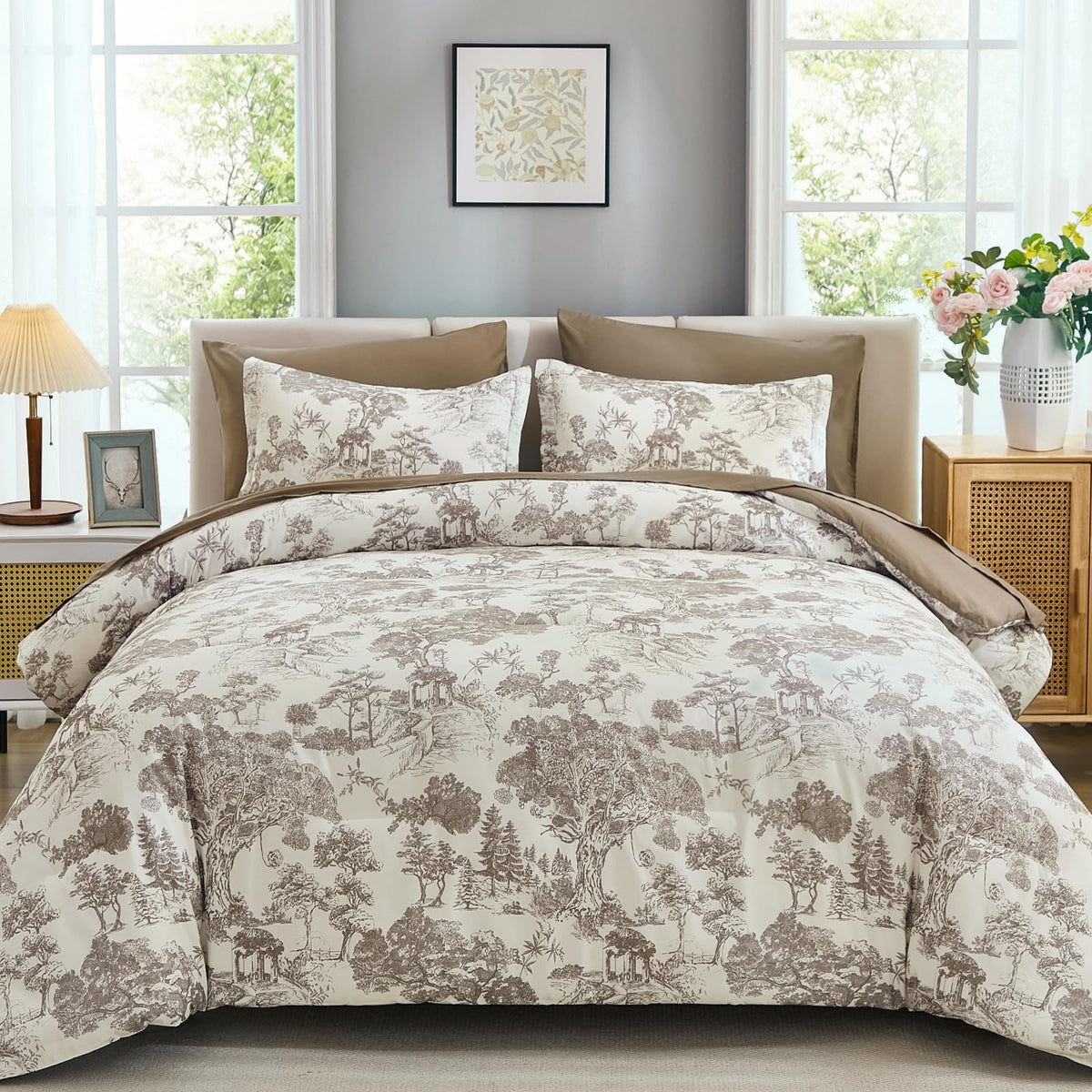 DJY Blue Comforter Set King, 7 Pieces Bed in a Bag King Size Botanical Comforters with Sheets Elegant Plants Print Soft Microfiber Reversible Complete Bedding Sets for All Season