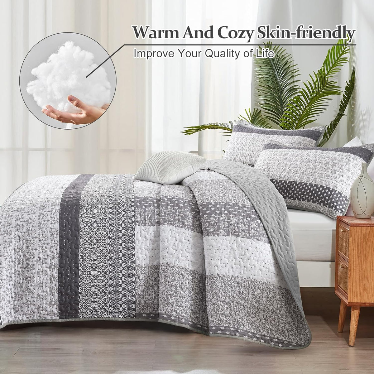 WONGS BEDDING Grey Queen Size Quilt Set, Boho Striped Bedspread