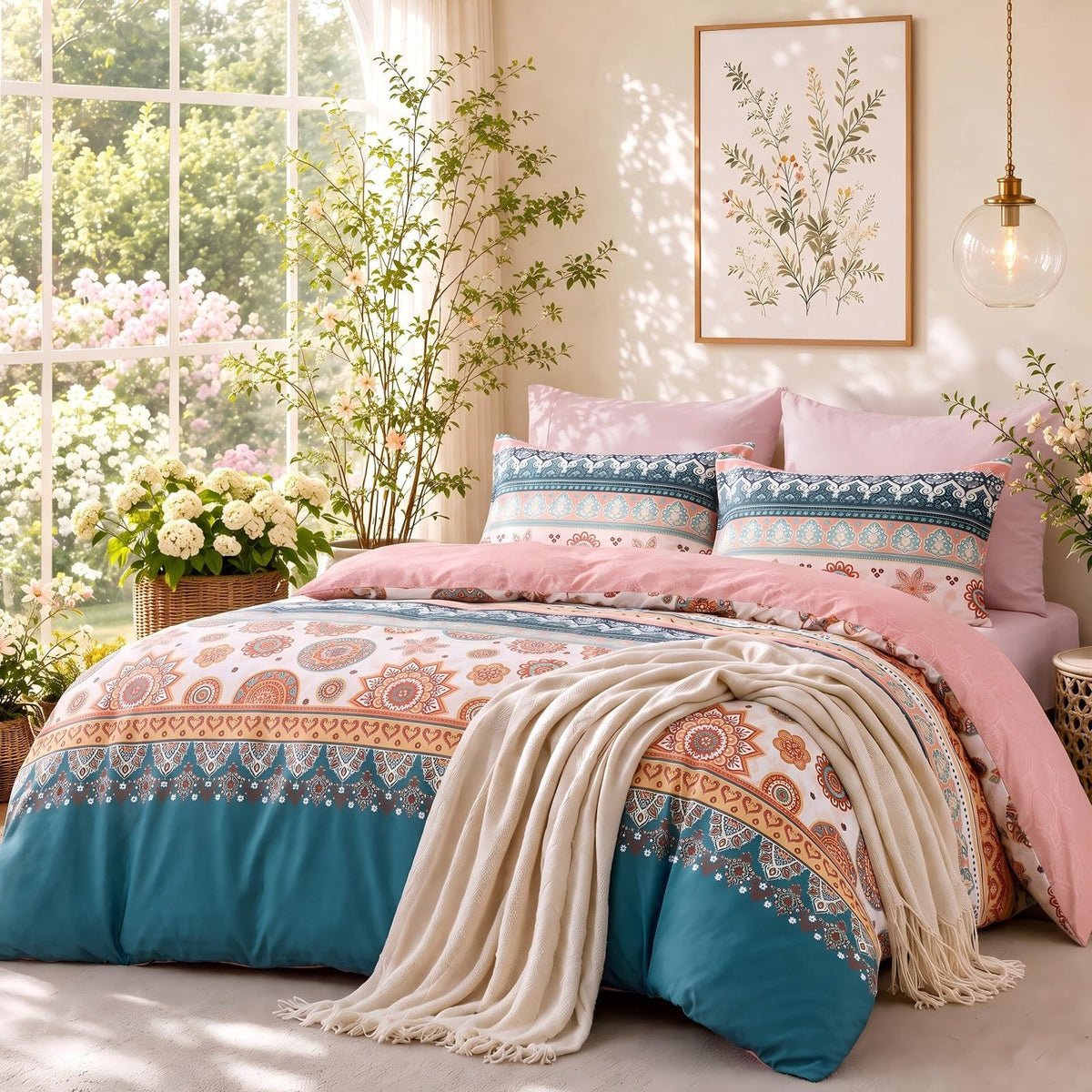 MUXHOMO Queen Comforter Set, 7-Piece Floral Bed in a Bag, Sage Green
