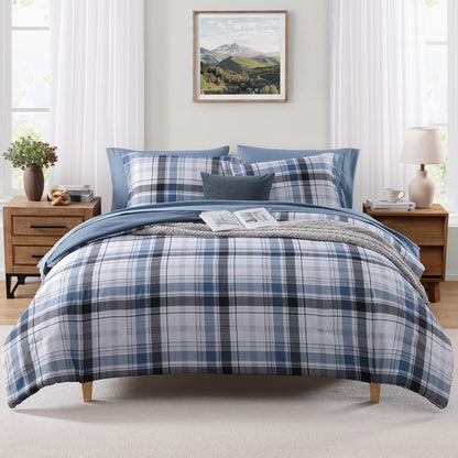 MaiRêve Plaid Queen Comforter Set Navy Blue 7 Pieces Bed in a Bag