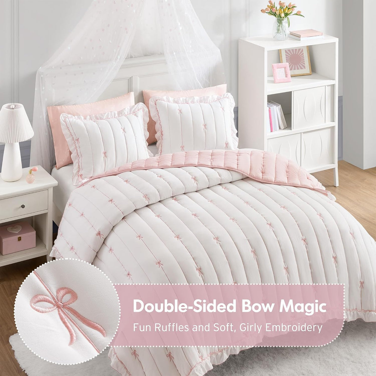 Intelligent Design Bow Embroidered Ruffle Pink Queen Quilt Set, 3pc