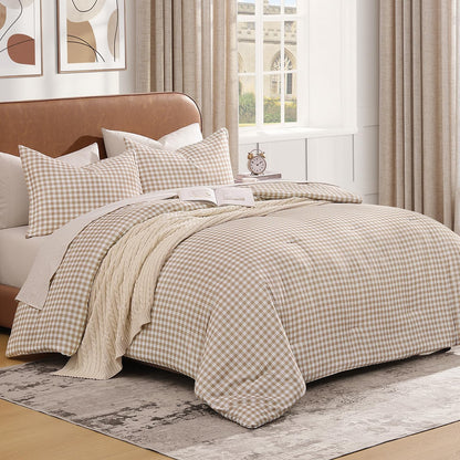 Andency Tan Gingham Comforter Set Twin, Brown Checkered Grid Plaid Bedding