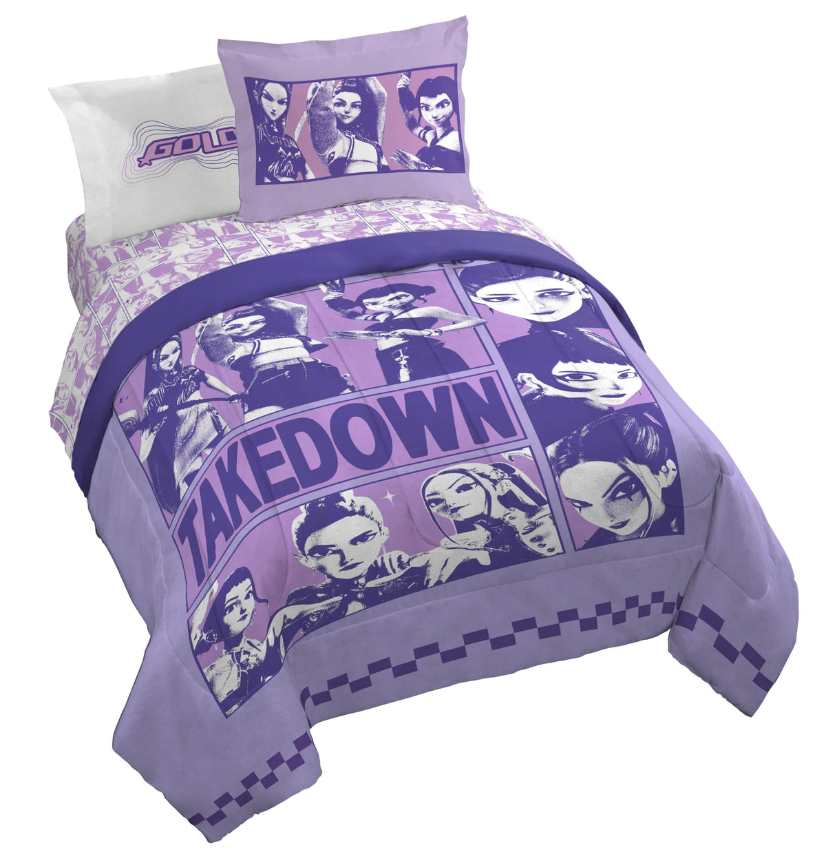 KPOP Demon Hunters Twin Comforter Set 5 Piece Kids Cartoon Bedding, Purple