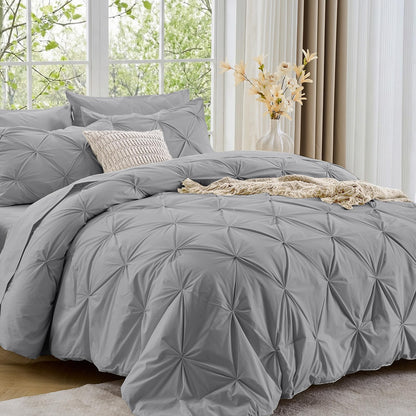 Sasttie Full Size Comforter Set, 7-Piece Bed in a Bag Double, Pintuck Bedding Set for All Season, Includes Comforter, Flat Sheet, Fitted Sheet, Pillowcases and Pillowshams, Beige