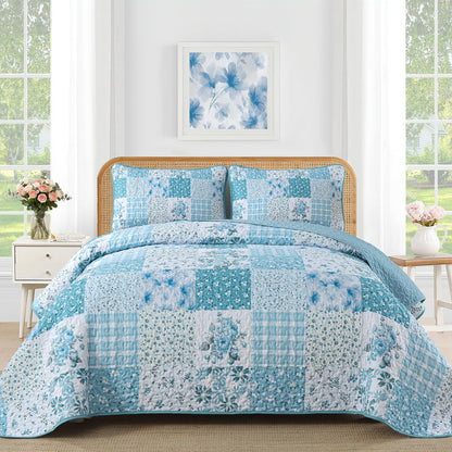 Mybedsoul Boho Quilts Queen Size, Patchwork Floral Bedding Set, Blue