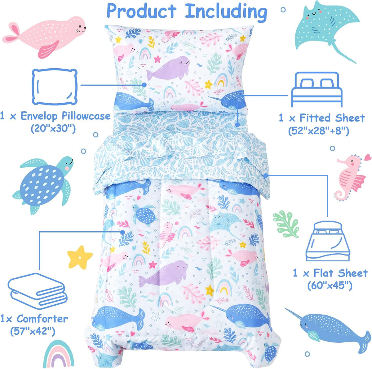 Mooreeke Toddler Bedding Sets for Girls,4 Pieces Blue Ocean Animals Printed