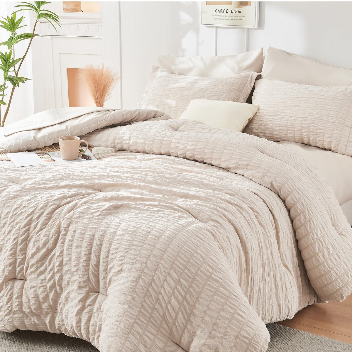 Queen Comforter Set - 7PCS Bed in a Bag, Seersucker Bedding Set, Beige