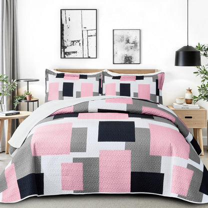 Tyrot 3 Piece Black Grey Quilt Full/Queen Size Black White Gray Bedding Set