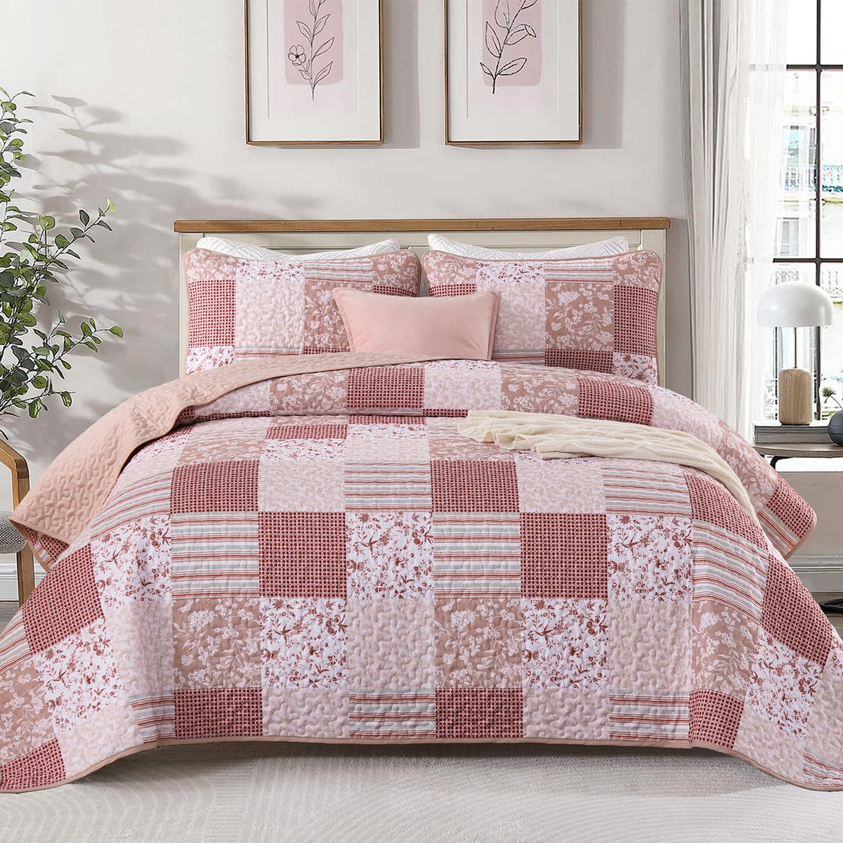 Mybedsoul Boho Quilts Queen Size, Patchwork Floral Bedding Set, Blue