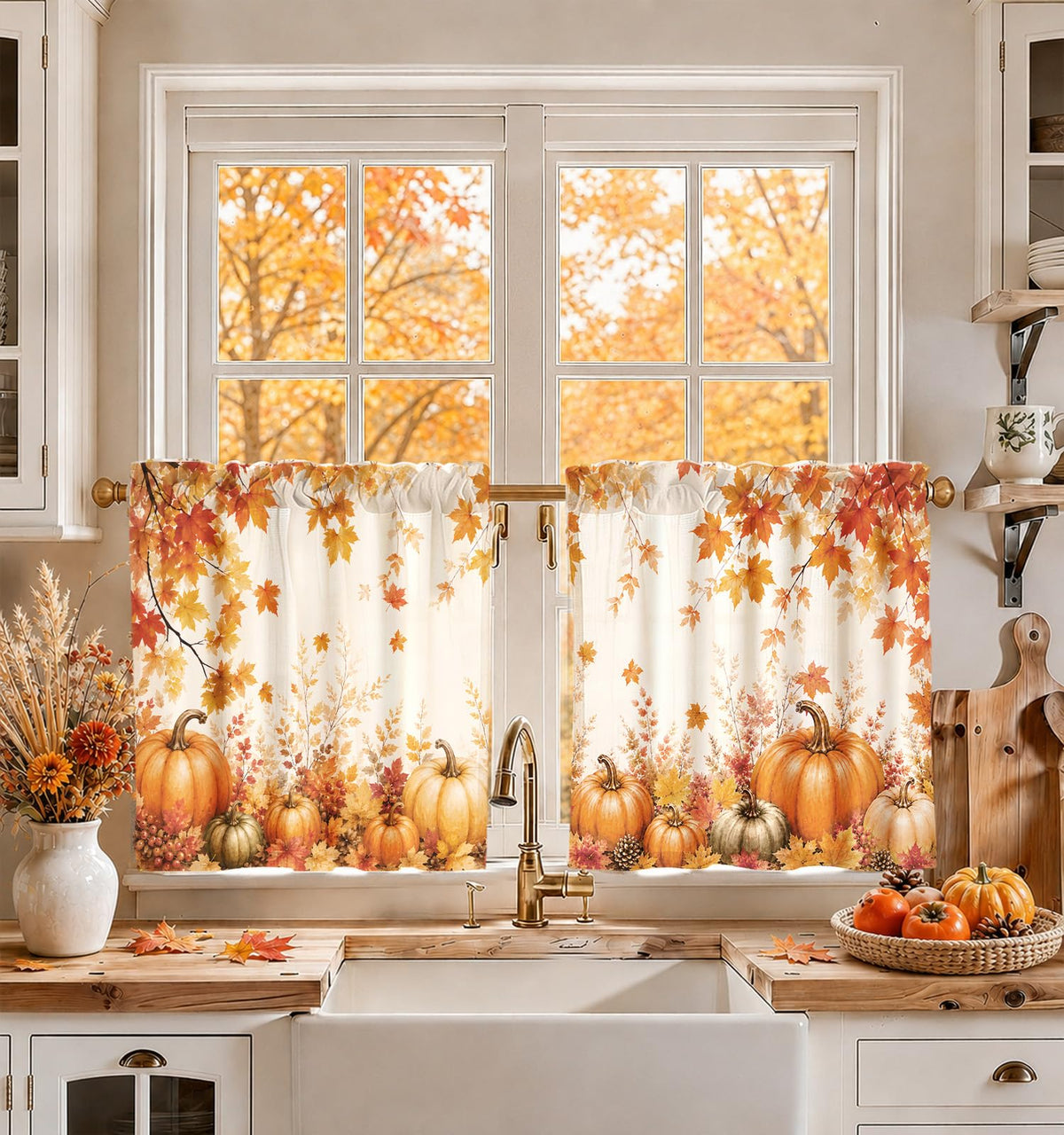 Miss Adola 36 Inch Length Kitchen Tier Curtains Pumpkin Leaf Cafe Curtains