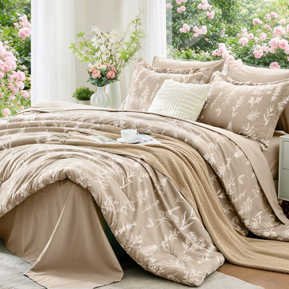 MUXHOMO Queen Comforter Set, 7-Piece Floral Bed in a Bag, Sage Green