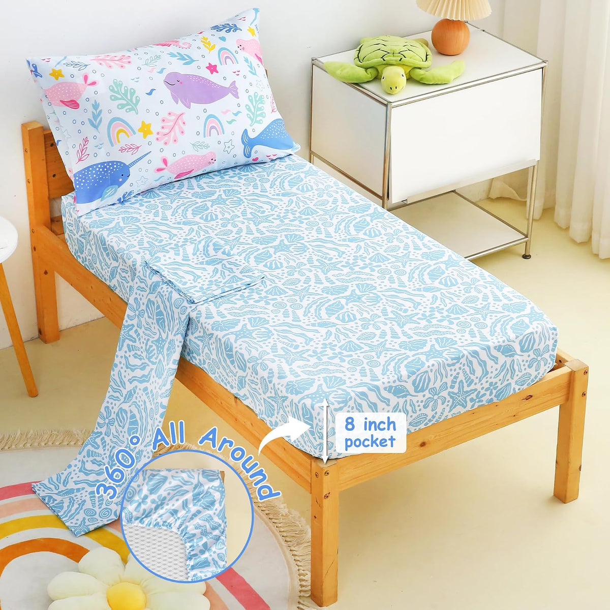 Mooreeke Toddler Bedding Sets for Girls,4 Pieces Blue Ocean Animals Printed