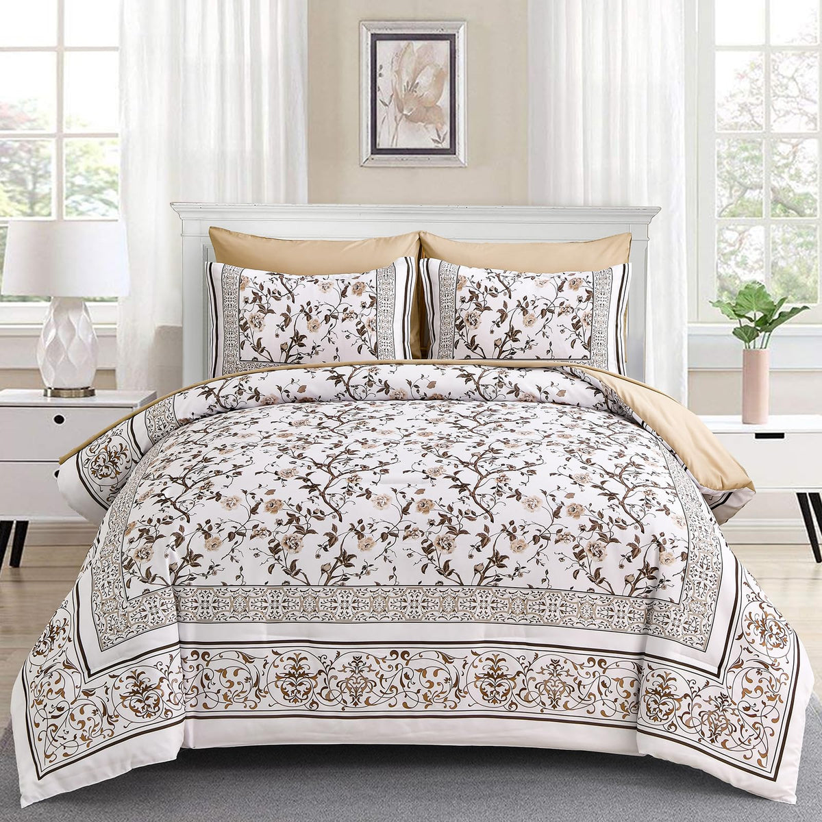 Dobuyly Floral Queen Comforter Set, 7 Piece Bed in a Bag Queen Size Blue Flowers on White Botanical Bedding Set, Soft Microfiber Bedding Comforter Sets with Sheets for All Season