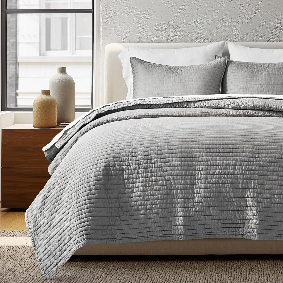 EVERGRACEHOME Cotton Sateen Quilt Set, Queen Size, Olive Green