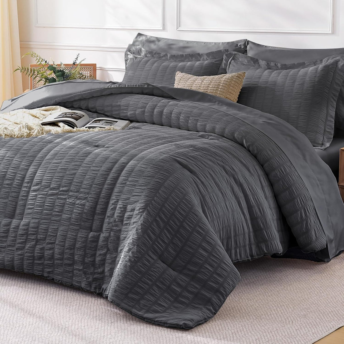 FreshCulture Comforter Set Seersucker 7 Pieces, All Season Bedding Set Queen, Bed in a Bag Comforter Set with 1 Comforter, 1 Flat Sheet, 1 Fitted Sheet, 2 Pillowcases and 2 Pillow Shams, Dark Grey