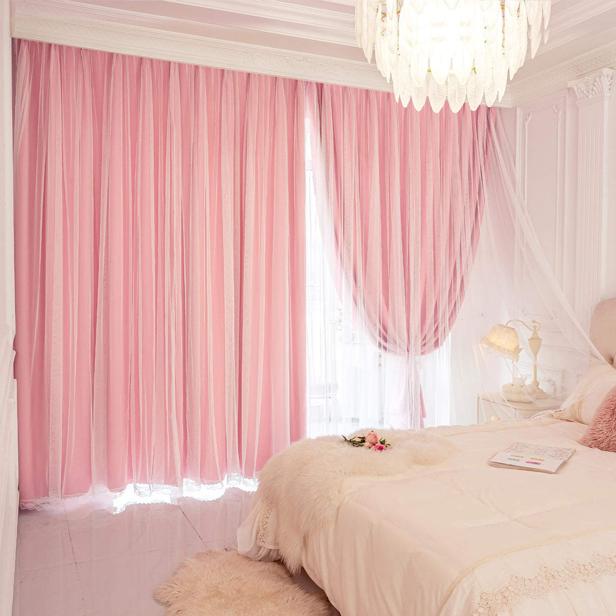 XiDi Blackout Curtains for Girls Bedroom Decor Pink Kids Rainbow Curtains