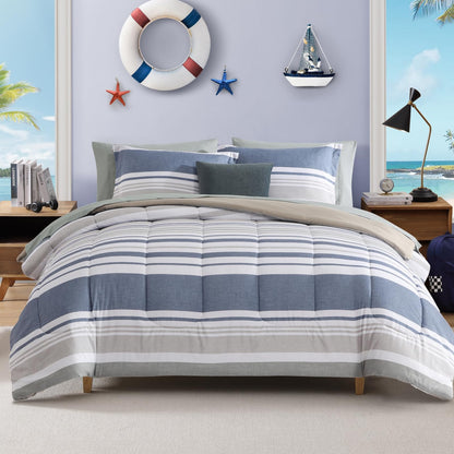Plaid Full Size Comforter Set Blue Grey 7 Pieces Farmhouse Bed in a Bag