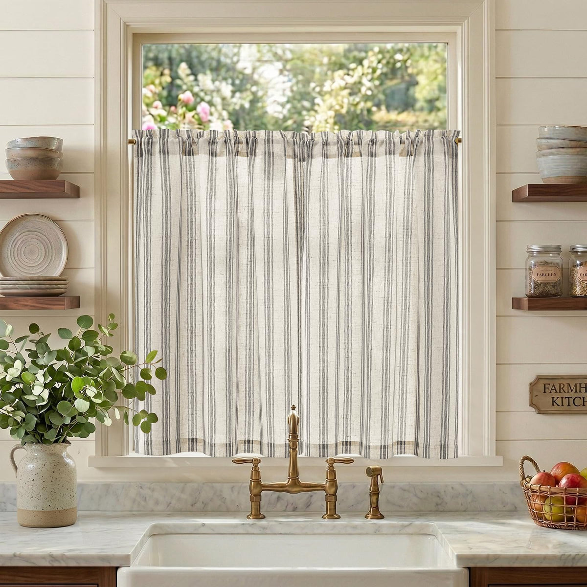 jinchan Linen Striped Tier Curtains for Kitchen Windows Green 26 x 24 inch