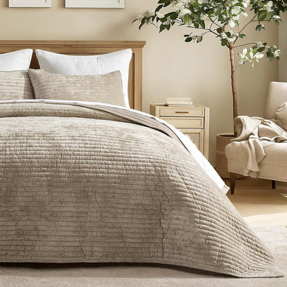EverGrace Stripe Channel Luxury Velvet Quilt Set King Size, Beige Taupe