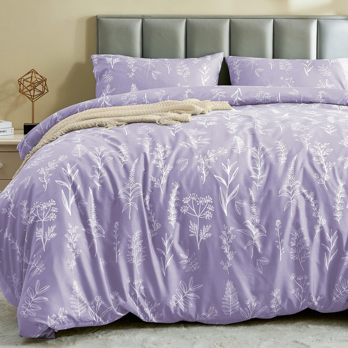 MUXHOMO Duvet Cover King Size, 3-Piece Floral Grey-Blue Bedding Set
