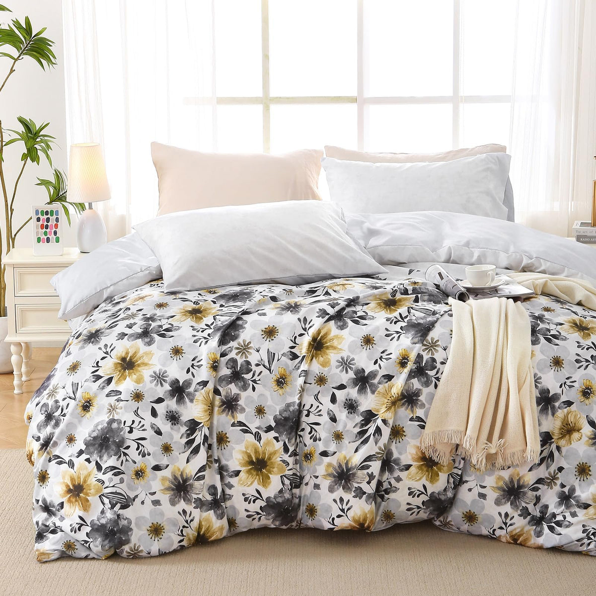 MUXHOMO Duvet Cover King Size, 3-Piece Floral Grey-Blue Bedding Set