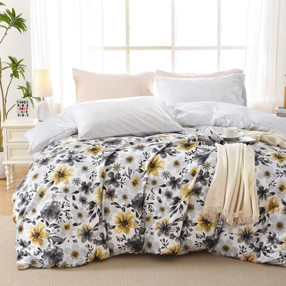 MUXHOMO Duvet Cover King Size, 3-Piece Floral Grey-Blue Bedding Set