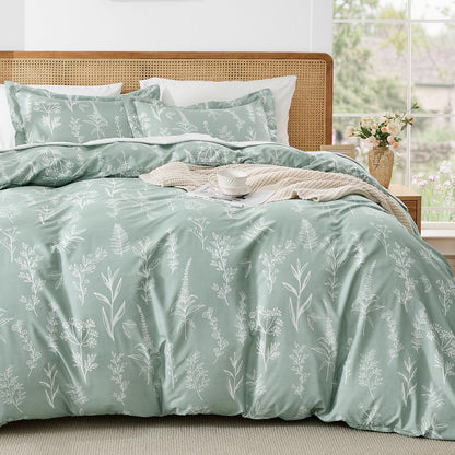 MUXHOMO Duvet Cover King Size, 3-Piece Floral Grey-Blue Bedding Set