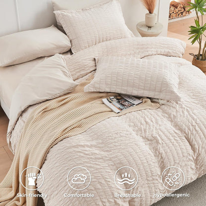 Queen Comforter Set - 7PCS Bed in a Bag, Seersucker Bedding Set, Beige