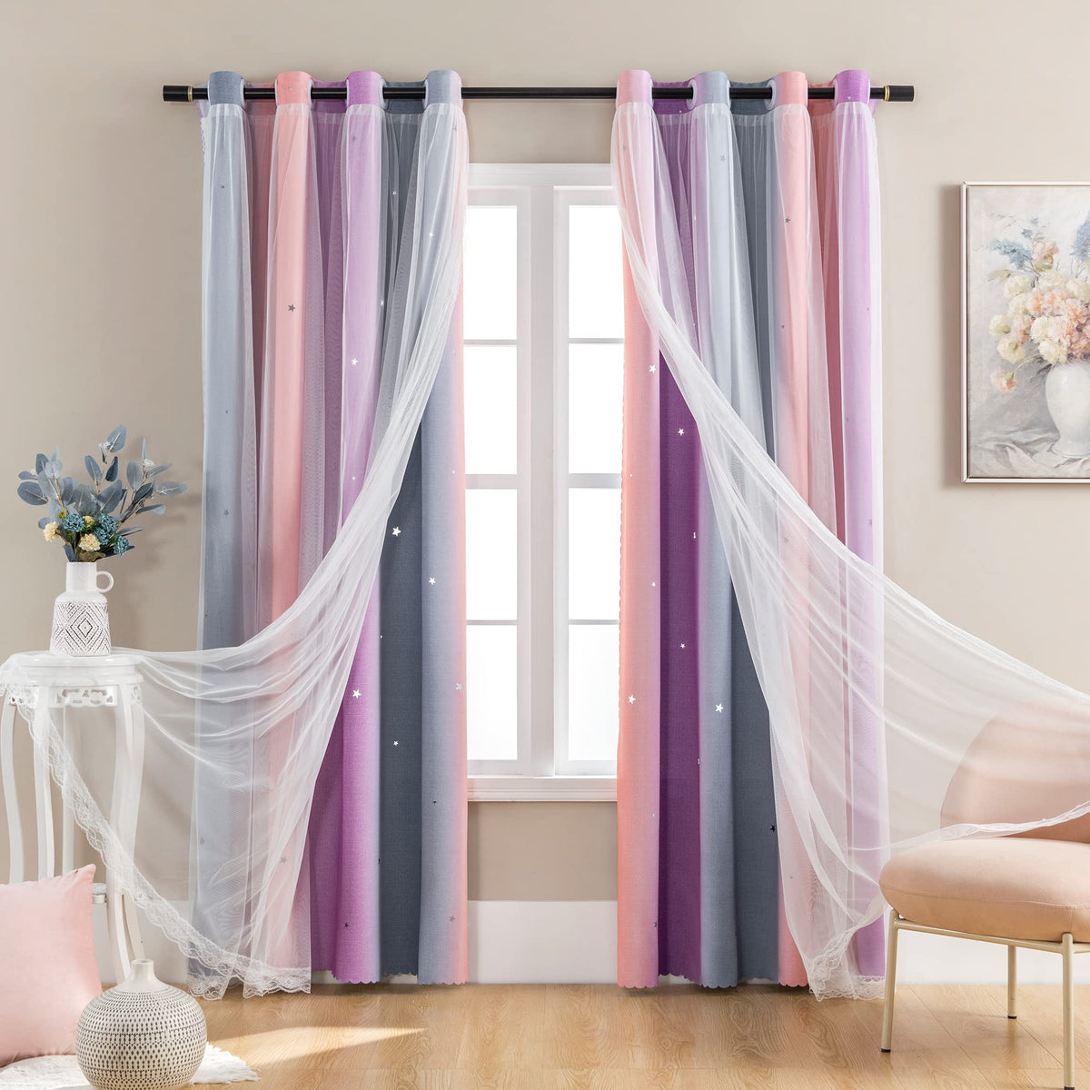 XiDi Curtains for Girls Bedroom Decor, Rainbow Blackout Curtains for Kids/Little Girl Room Decor, Unicorn Wall Decals,Pink Purple Green,63 x 34 inches,1 Panel
