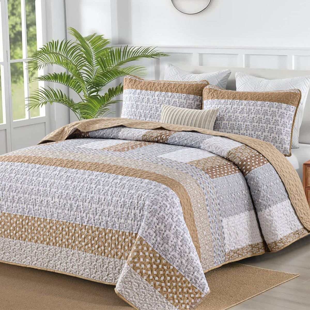WONGS BEDDING Grey Queen Size Quilt Set, Boho Striped Bedspread