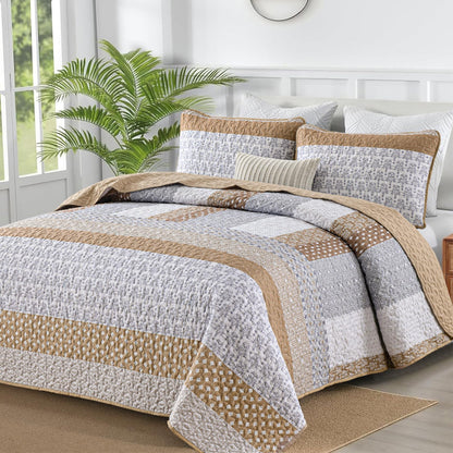 WONGS BEDDING Grey Queen Size Quilt Set, Boho Striped Bedspread