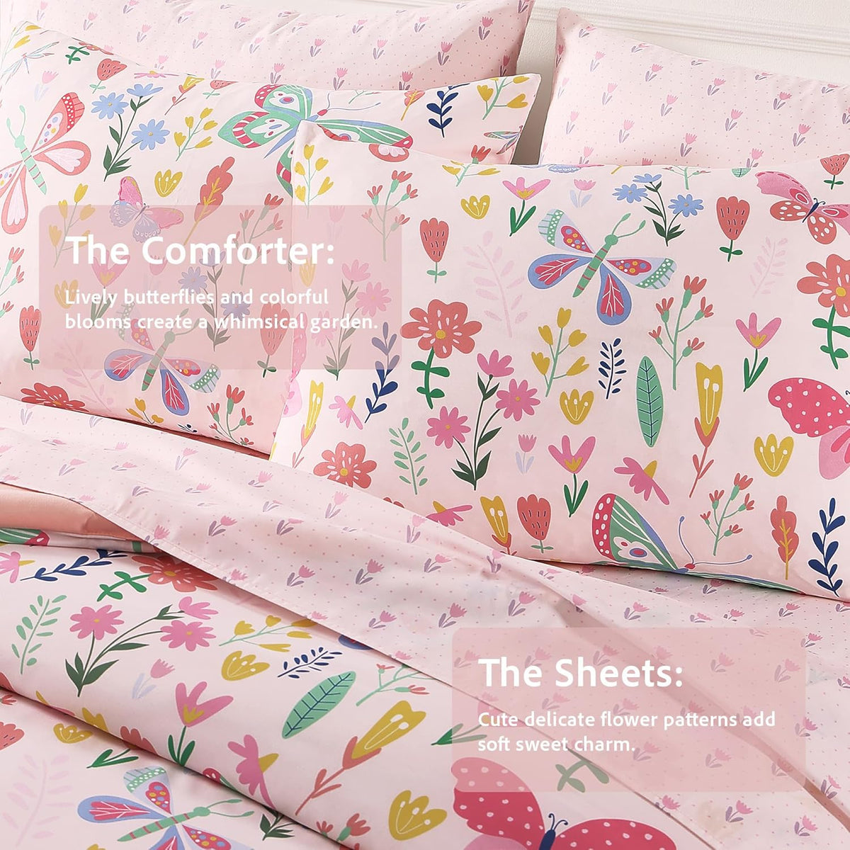 Twin Comforter Set for Girls - 5 Pieces Floral Pink Girls Twin Bedding Set