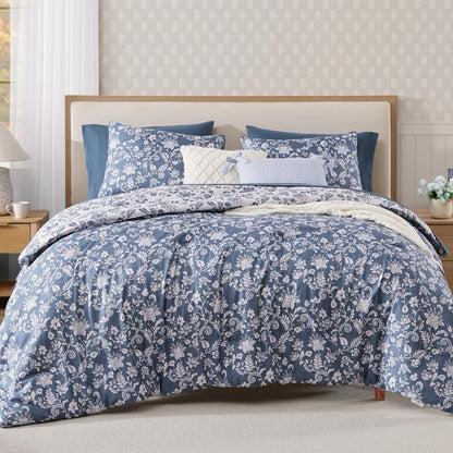 BLOOMHAVEN Queen Comforter Set-7 Pieces Blue Floral Bed in a Bag Queen