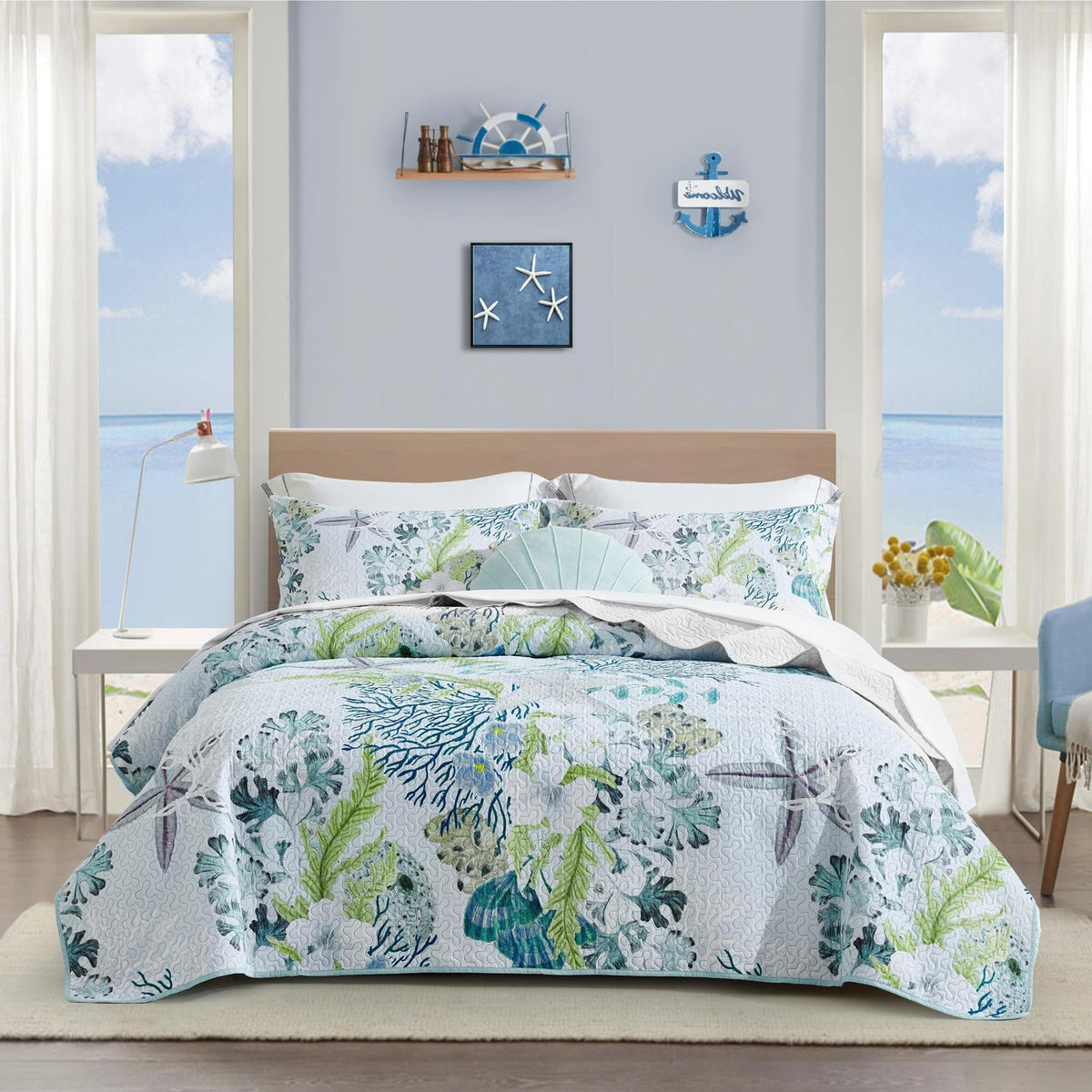 Tritard 3 Piece Coastal Quilt Sets Full/Queen Size Bedding Set, Blue