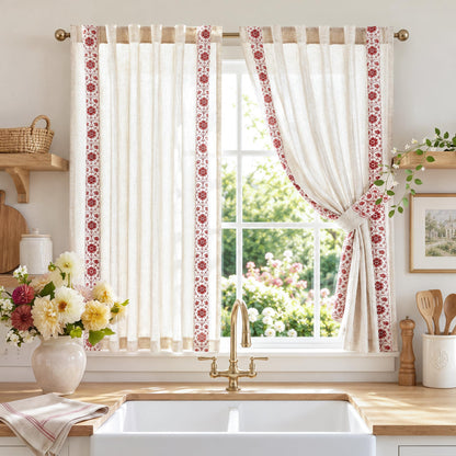 jinchan Beige Floral Linen Kitchen Tier Curtains 50x45 Inch 2 Panels