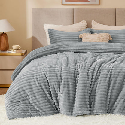 BEDELITE Fleece Full Comforter Set, Fluffy Bed Set, Cream White