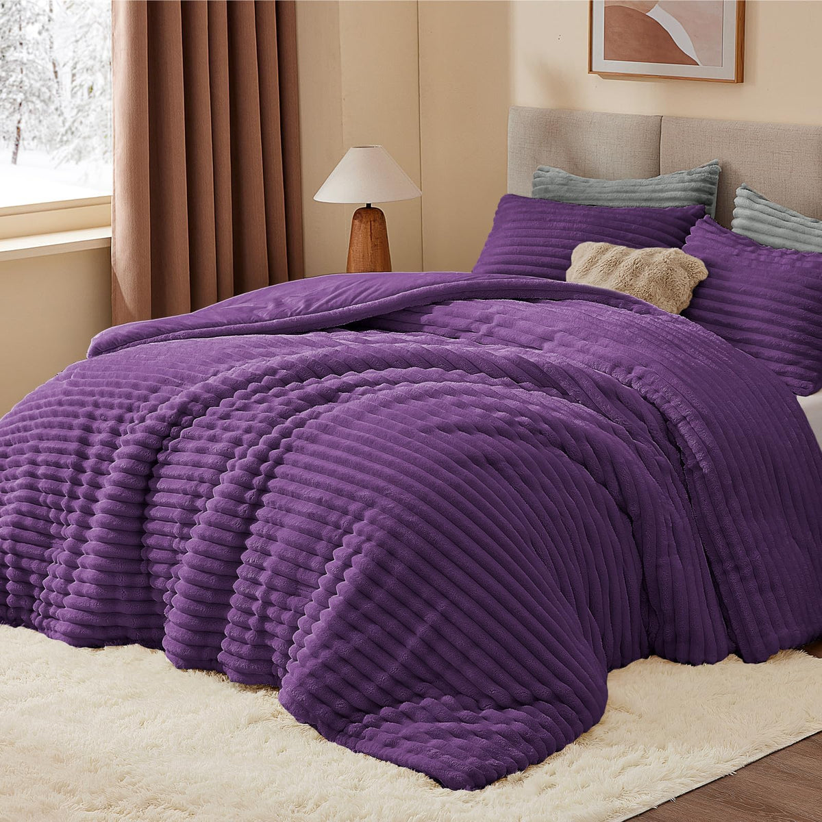 BEDELITE Fleece Full Comforter Set, Fluffy Bed Set, Cream White