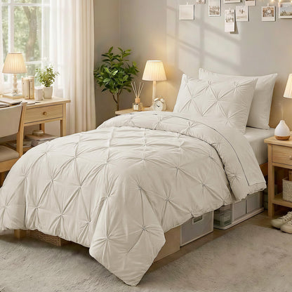 Sasttie Full Size Comforter Set, 7-Piece Bed in a Bag Double, Pintuck Bedding Set for All Season, Includes Comforter, Flat Sheet, Fitted Sheet, Pillowcases and Pillowshams, Beige