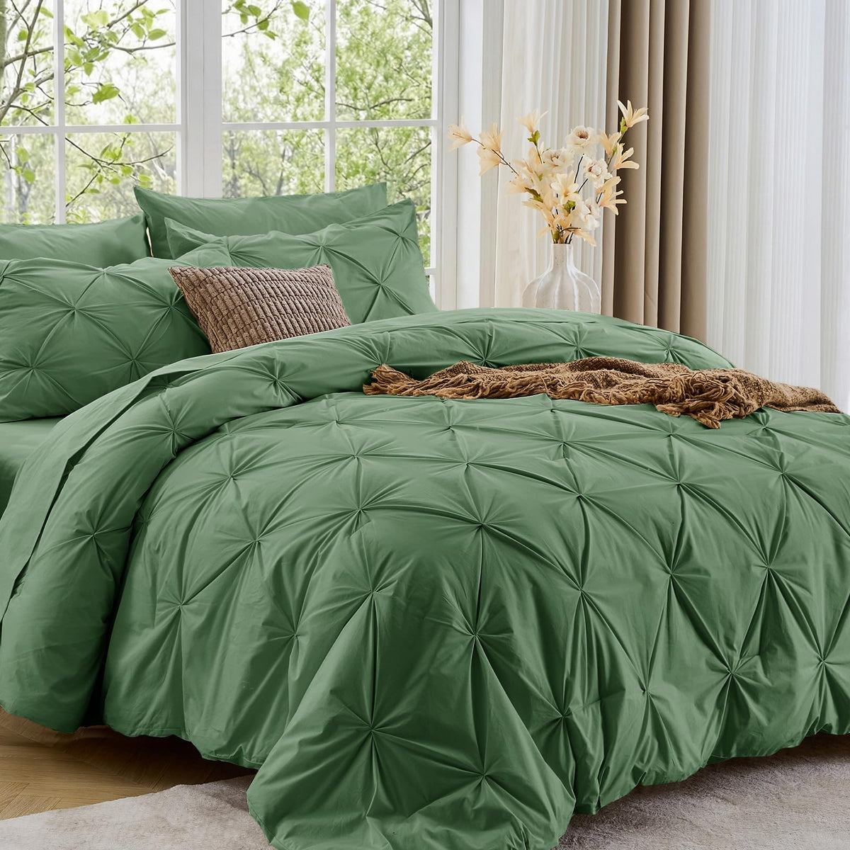 Sasttie Full Size Comforter Set, 7-Piece Bed in a Bag Double, Pintuck Bedding Set for All Season, Includes Comforter, Flat Sheet, Fitted Sheet, Pillowcases and Pillowshams, Beige