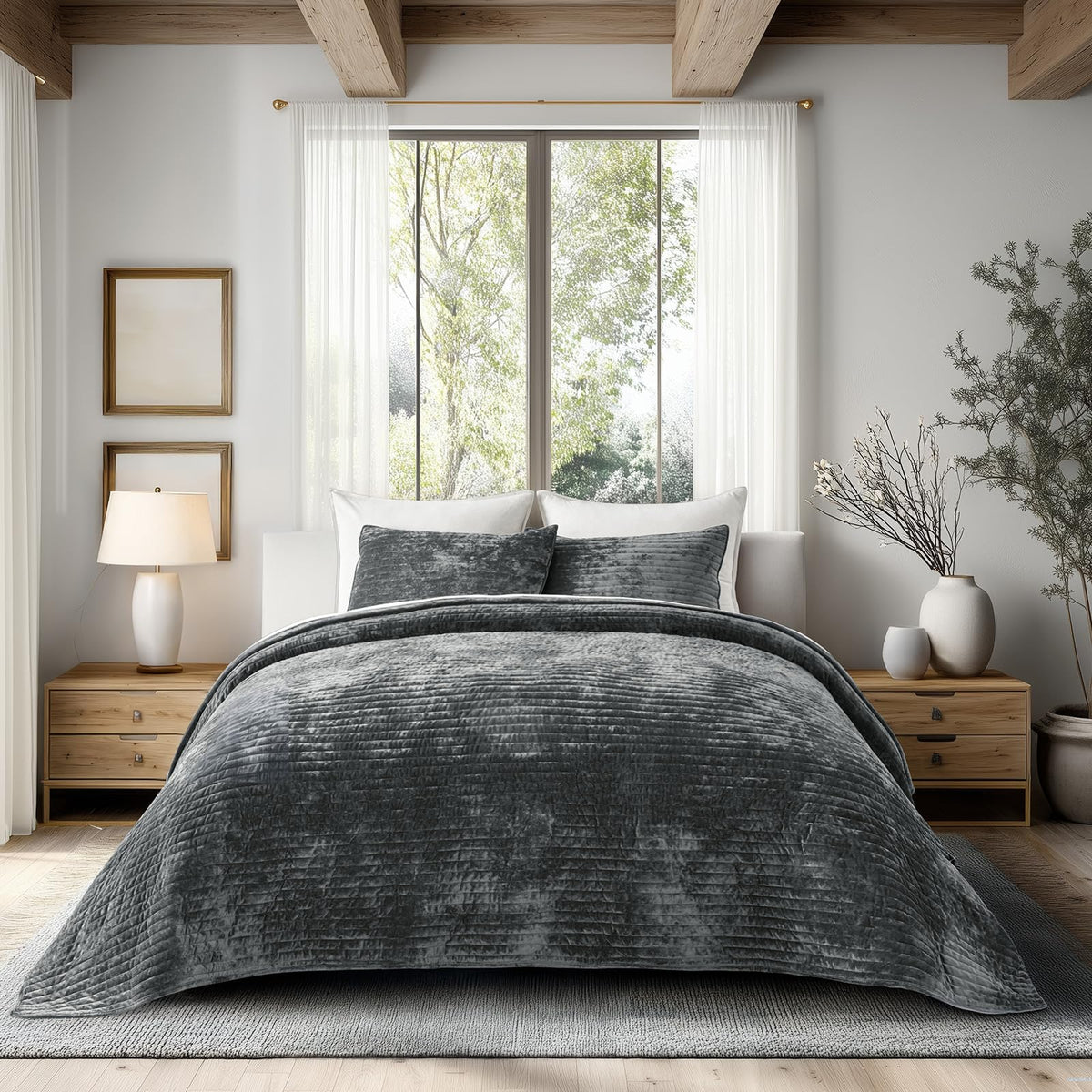 EverGrace Stripe Channel Luxury Velvet Quilt Set King Size, Beige Taupe
