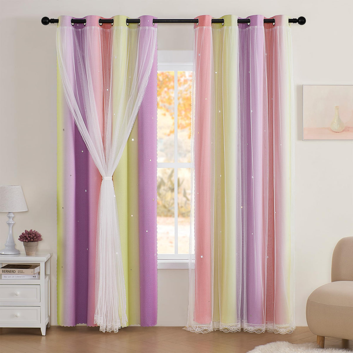 XiDi Curtains for Girls Bedroom Decor, Rainbow Blackout Curtains for Kids/Little Girl Room Decor, Unicorn Wall Decals,Pink Purple Green,63 x 34 inches,1 Panel