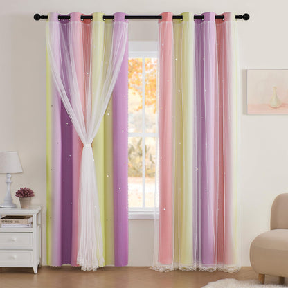 XiDi Curtains for Girls Bedroom Decor, Rainbow Blackout Curtains for Kids/Little Girl Room Decor, Unicorn Wall Decals,Pink Purple Green,63 x 34 inches,1 Panel
