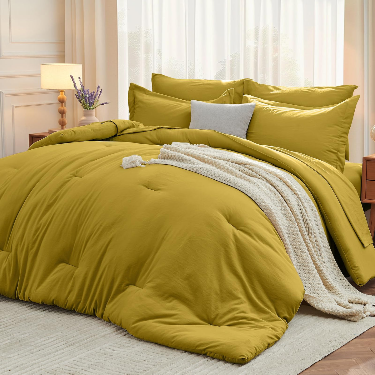 MUXHOMO Queen Comforter Set 7 Pieces, Soft Bed in a Bag, Olive Green