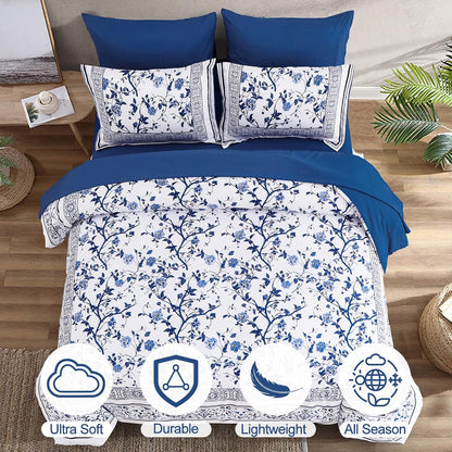 Dobuyly Floral Queen Comforter Set, 7 Piece Bed in a Bag Queen Size Blue Flowers on White Botanical Bedding Set, Soft Microfiber Bedding Comforter Sets with Sheets for All Season