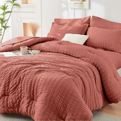 Full Comforter Set - 7PCS Bed in a Bag, Seersucker Bedding Set, Dark Grey
