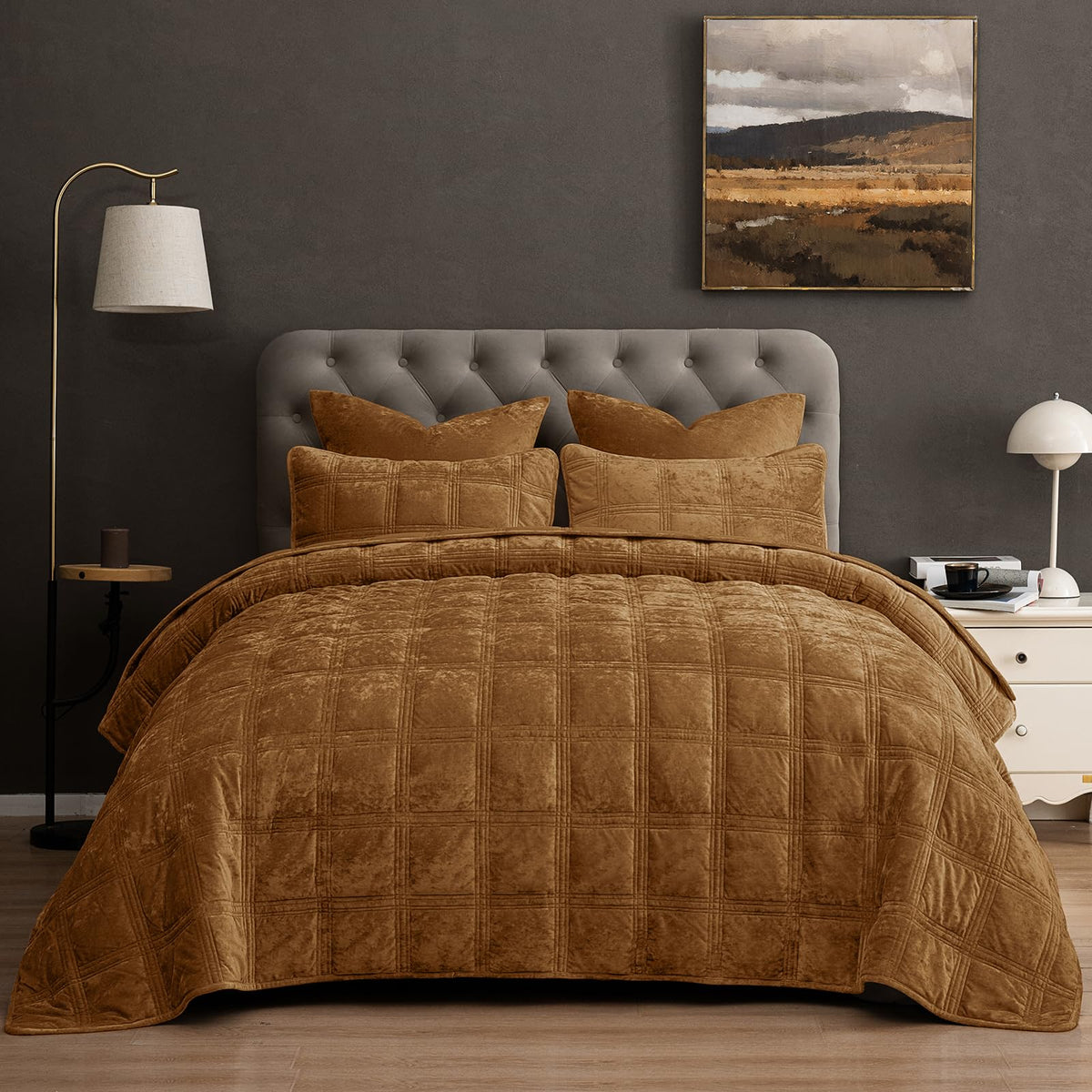 PHF Diamond Pattern Luxury Velvet Quilt Set Queen Size, Sand