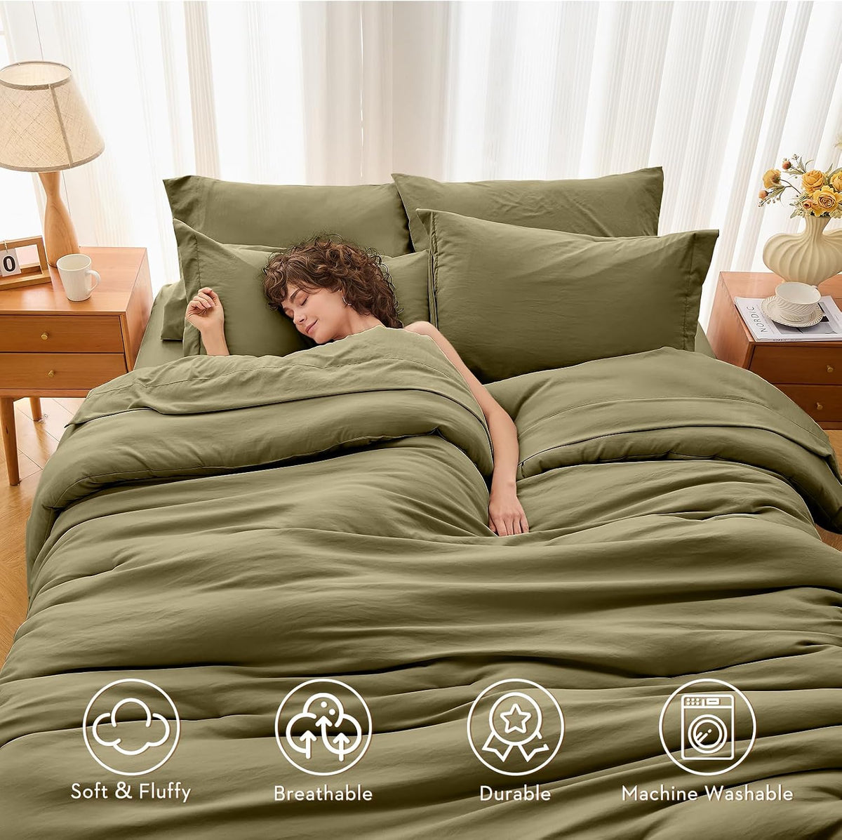 MUXHOMO Queen Comforter Set 7 Pieces, Soft Bed in a Bag, Olive Green