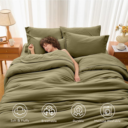 MUXHOMO Queen Comforter Set 7 Pieces, Soft Bed in a Bag, Olive Green