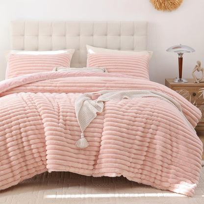 Smoofy Fluffy Queen Size Comforter 3 PCS - Pink Fleece Bedding Set