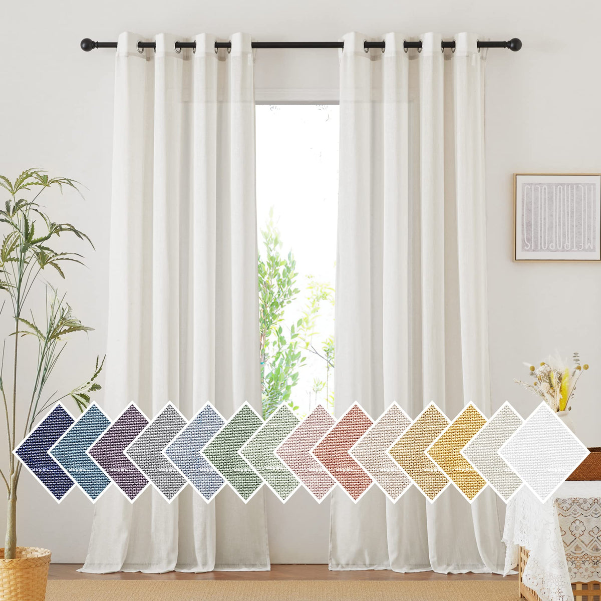 NICETOWN Semi Sheer Linen Ivory Curtains for Bedroom, W52xL84, 2 Panels